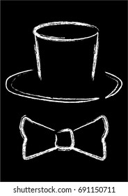 Cover design. Hat and bow tie with white lines on a black background