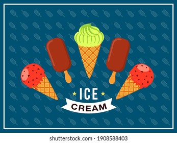 Cover design with ice cream. Colorful scoops, cones, bars vector illustrations with text and frame on blue backgrounds. Dessert, summer concept for poster, website or webpage background