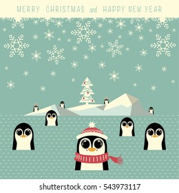 The cover design. The iceberg with christmas tree and nine penguins are in the water. On the top of the image the phrase merry christmas and happy new year.