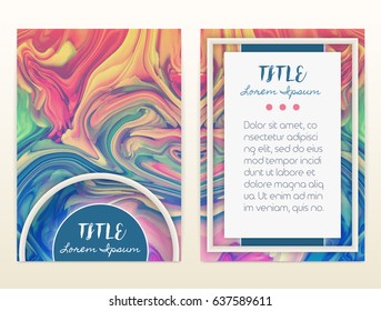 Cover design with marbling. Marble texture. Paint splash. Colorful fluid. It can be used for brochure, card, cover book, catalog. Size A4. Vector illustration, eps10.