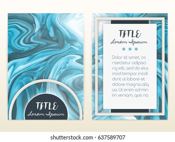 Cover design with marbling. Marble texture. Paint splash. Colorful fluid. It can be used for brochure, card, cover book, catalog. Size A4. Vector illustration, eps10.