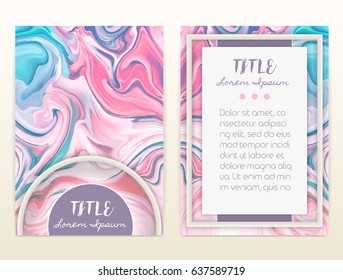 Cover design with marbling. Marble texture. Paint splash. Colorful fluid. It can be used for brochure, card, cover book, catalog. Size A4. Vector illustration, eps10.