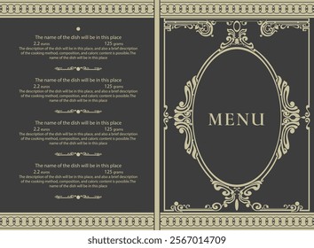 Cover design and menu page design with dish description template for restaurants, bars, cafes and other businesses