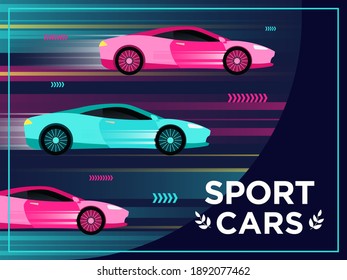 Cover Design With Moving Sport Cars. Fast Cars In Motion Vector Illustrations With Text And Frame. Car Shop Or Racing Concept For Poster, Website Or Webpage Background