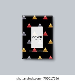 Cover design with multicolored metallic painted triangles. Vector artistic illustration. Brochure, flyer, banner, invitation template. Abstract vintage cover with red and golden minimalistic elements