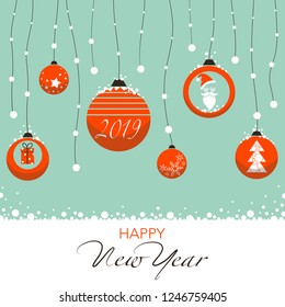 Cover design for the new year. Depicts Christmas decorations in red with symbols of the new year: Santa Claus,Christmas tree, snowflake, gift inscription happy new year 2019.