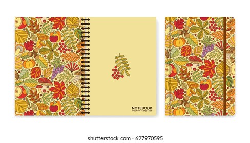 Cover design for notebooks or scrapbooks with autumn pattern. Vector illustration.