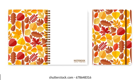 Cover design for notebooks or scrapbooks with autumn leaves. Vector illustration.