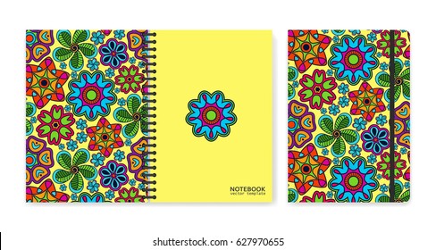 Cover design for notebooks or scrapbooks with beautiful ornamental flowers. Vector illustration.