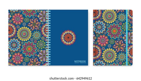 Cover design for notebooks or scrapbooks with beautiful ornamental flowers. Vector illustration.