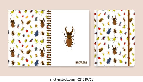 Cover design for notebooks or scrapbooks with bugs. Vector illustration.