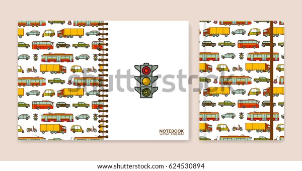 Cover design for notebooks or\
scrapbooks with cars and city transport. Vector\
illustration.