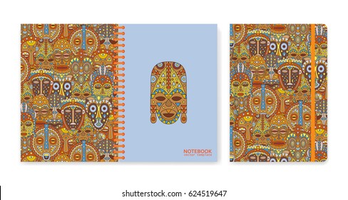 Cover design for notebooks or scrapbooks with ethnic masks. Vector illustration.