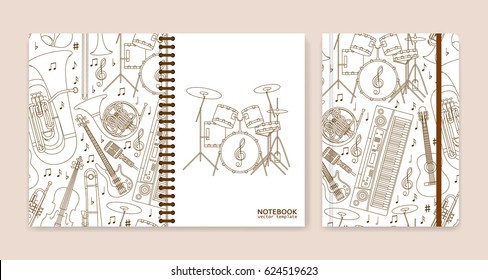 Cover design for notebooks or scrapbooks with musical instruments. Vector illustration.