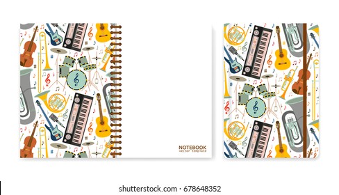 Cover design for notebooks or scrapbooks with musical instruments. Vector illustration.