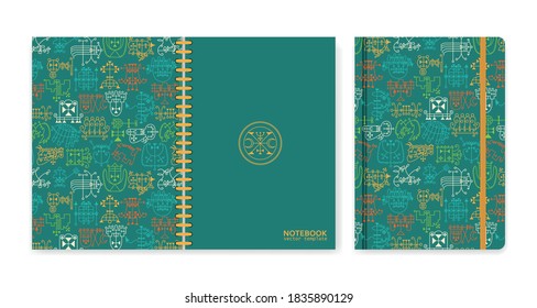 Cover design for notebooks or scrapbooks with occult sigils. Vector illustration.