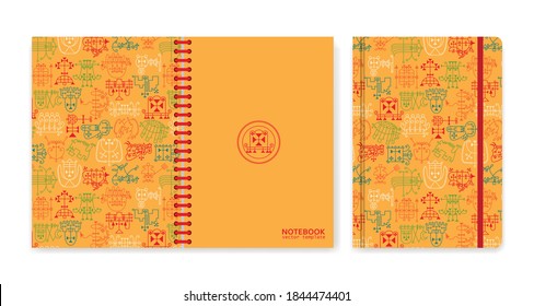 Cover design for notebooks or scrapbooks with occult sigils. Vector illustration.