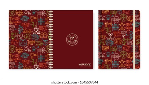 Cover design for notebooks or scrapbooks with occult sigils. Vector illustration.