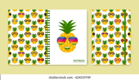 Cover design for notebooks or scrapbooks with pineapples and glasses. Vector illustration.