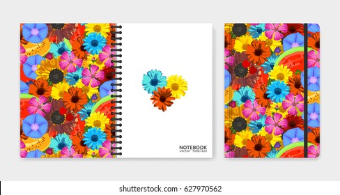 Cover design for notebooks or scrapbooks with realistic bright flowers and fruits. Vector illustration.