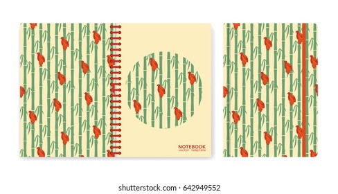 Cover design for notebooks or scrapbooks with sparrows sitting on bamboo. Vector illustration.