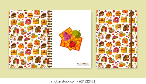 Cover design for notebooks or scrapbooks with sweets. Vector illustration.