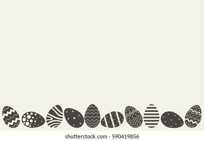 Cover design on the happy Easter Day. Background of the Easter card. Depicted ten Easter eggs black color with the white pattern on it.