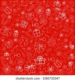 Cover design on red background with white elements for decorative design. Happy new year ornament. Vector illustration abstract shape. Greeting card. Christmas balls, gifts, candy, holly, bows