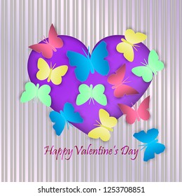 Cover design for packaging, greeting card and brochure on Valentine's day. Box with a hole in the shape of a heart is filled with paper butterflies. Paper cut style. Vector illustration.