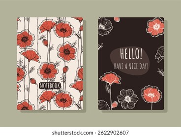 Cover design with poppy pattern. Hand drawn plants. Invitation, greeting card, cover book, notebook. Vector illustration