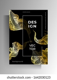 Cover design, poster. Golden graphic elements are manually drawn on a black background. Vector 10 EPS.