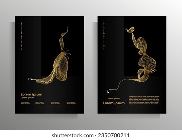 Cover design for poster, magazine, book, booklet, brochure, flyer, invitation, report, folder. Template set with hand drawn floral graphic element. Vector illustration black with gold.
