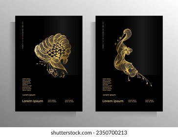 Cover design for poster, magazine, book, booklet, brochure, flyer, invitation, report, folder. Template set with hand drawn floral graphic element. Vector illustration black with gold.