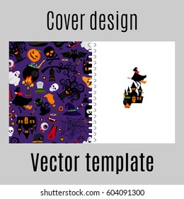 Cover design for print with cartoon halloween attributes pattern. Vector illustration