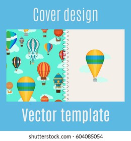 Cover design for print with cartoon hot air balloons pattern. Vector illustration