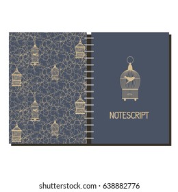 Cover design for print with pattern with stylized thorns and vintage birdcage, vector illustration.