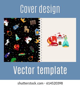 Cover design for print with princess and dragons pattern, vector illustration