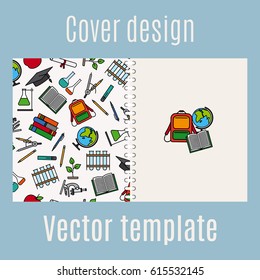 Cover design for print with school supply elements pattern, vector illustration