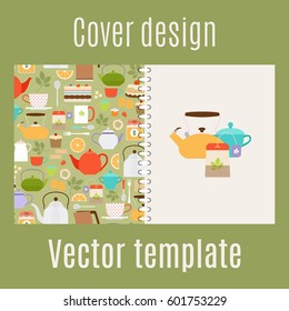 Cover design for print with teapots and cups pattern. Vector illustration