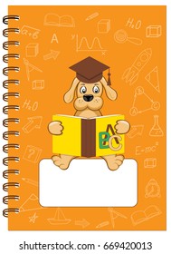 Cover design with reading puppy and hand drawn education icons and symbols for tutorial cover, notebook, sketchbook, album, copybook. Cover A5 template and empty space. EPS 10.
