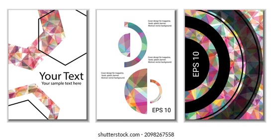 Cover design. Set of 3 covers. Imitation of crumpled paper. Unusual bright abstract background for magazine, book, splash, banner, vector. Imitation of crumpled paper