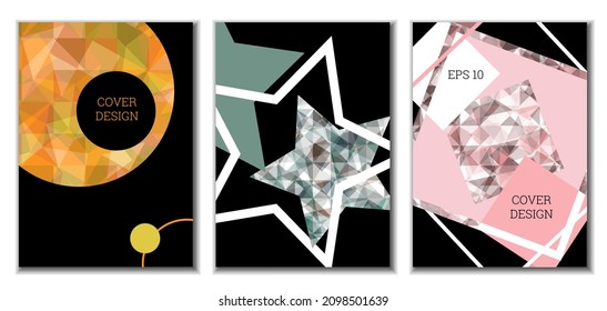 Cover design. Set of 3 covers. Imitation of crumpled paper. Unusual bright abstract background for magazine, book, splash, banner, vector. Imitation of crumpled paper