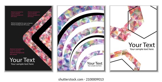 Diseño de portada. Conjunto de 3 cubiertas. Imitación de papel desmenuzado. Inusual fondo abstracto brillante para revista, libro, splash, banner, vector. Imitación de papel cruzado