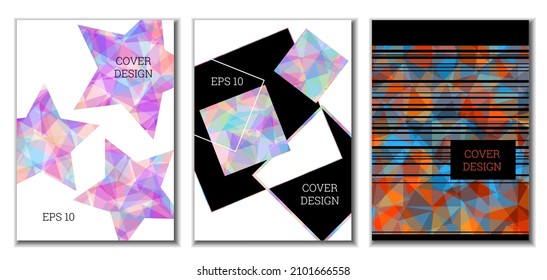Diseño de portada. Conjunto de 3 cubiertas. Imitación de papel desmenuzado. Inusual fondo abstracto brillante para revista, libro, splash, banner, vector. Imitación de papel cruzado