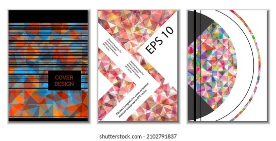 Cover design. Set of 3 covers. Imitation of crumpled paper. Unusual bright abstract background for magazine, book, splash, banner, vector. Imitation of crumpled paper
