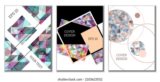 Cover design. Set of 3 covers. Imitation of crumpled paper. Unusual bright abstract background for magazine, book, splash, banner, vector. Imitation of crumpled paper