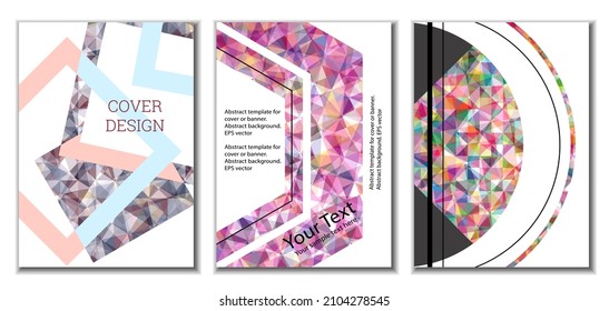 Deckungsdesign. Satz von 3 Covern. Nachahmung von zerbrochenem Papier. Ungewöhnlicher heller abstrakter Hintergrund für Magazin, Buch, Splash, Banner, Vektorgrafik. Nachahmung von zerkleinertem Papier
