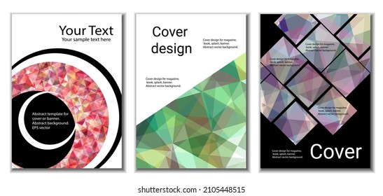 Diseño de portada. Conjunto de 3 cubiertas. Imitación de papel desmenuzado. Inusual fondo abstracto brillante para revista, libro, splash, banner, vector. Imitación de papel cruzado