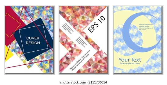 Diseño de portada. Conjunto de 3 cubiertas. Imitación de papel desmenuzado. Inusual fondo abstracto brillante para revista, libro, splash, banner, vector. Imitación de papel cruzado