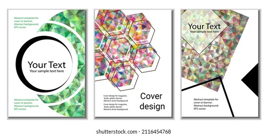 Diseño de portada. Conjunto de 3 cubiertas. Imitación de papel desmenuzado. Inusual fondo abstracto brillante para revista, libro, splash, banner, vector. Imitación de papel cruzado